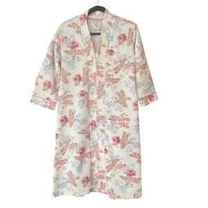 Floral Quilted Zip-Up Robe With Satin Trim & 3/4 Sleeves - Medium G-7-10-100